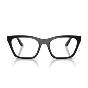 Black rectangular eyeglasses with a thick frame on a white background, front view.