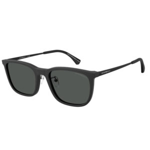 Black rectangular sunglasses with dark lenses and slim black arms featuring brand lettering on the temples