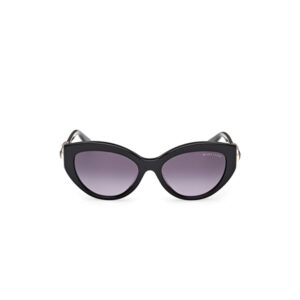 Black cat-eye sunglasses with purple gradient lenses and a Marciano logo on the lens edge, set against a white background.