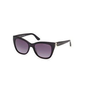 Black cat-eye sunglasses with purple gradient lenses and gold decoration on the temples for a designer look