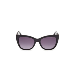 Black cat-eye sunglasses with purple gradient lenses and a subtle logo on the lens edge.