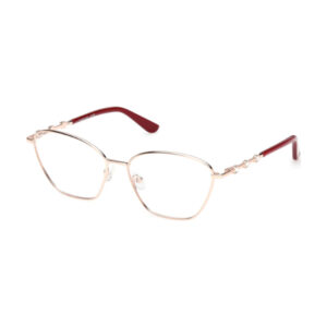 Gold metal rectangular eyeglasses with red temple tips at the ends of the arms.