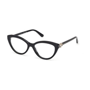 Black cat-eye eyeglasses with a small gold accent on the temples against a white background.