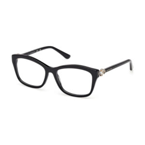 Black rectangular eyeglasses with a decorative emblem on the temple