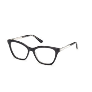 Black rectangular eyeglasses with silver beaded temple arms on white background.