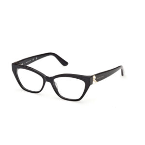 Black rectangular eyeglasses with gold decorative accents on the temples on a white background.