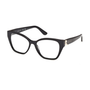 Black rectangular-frame eyeglasses with a gold ornament on the temple arm.