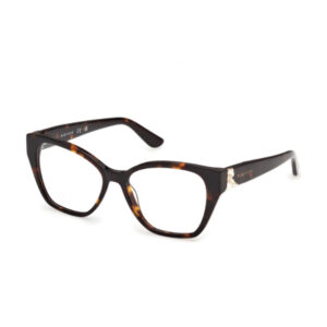 Tortoiseshell rectangular eyeglasses with gold detailing on the temples.