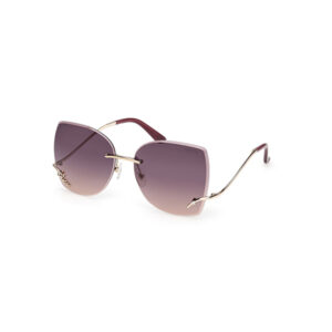 Square-lens sunglasses with purple gradient lenses and gold-tone frame, angled to show both lenses and maroon temples