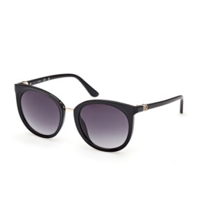 Black cat-eye sunglasses with gradient lenses and gold accents on a white background.
