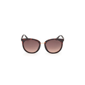 Tortoiseshell cat-eye sunglasses with brown gradient lenses on a white background