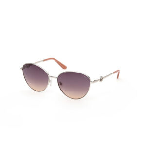 Sunglasses with round gradient lenses (purple to pink) and a slim metal frame with pink temple tips.