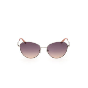 Round gradient sunglasses with a silver frame, lenses fading from purple to beige and pink temple tips, on a white background.