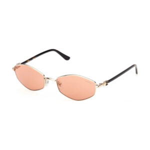 Oval pink-tinted sunglasses with a gold-tone metal frame and black temple tips on a white background.