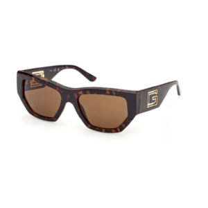 Tortoiseshell sunglasses with brown lenses and a gold logo on the temple.
