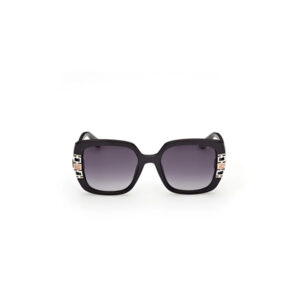 Black oversized square sunglasses with gradient lenses and gold-tone accents on the temples, front view.
