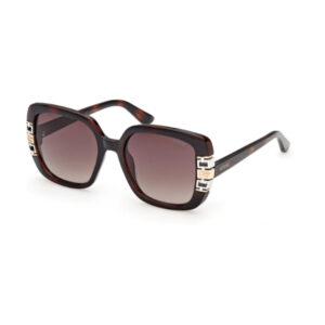 Dark brown oversized sunglasses with gradient lenses and decorative side accents, Guess brand on temple