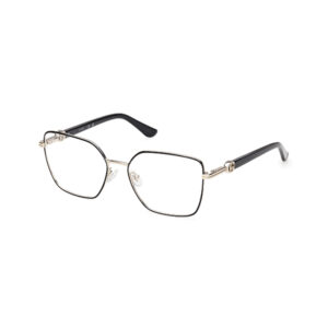 Gold metal square eyeglasses with clear lenses and black temple tips on a white background.