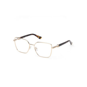 Gold-toned square eyeglasses with tortoiseshell temple tips and adjustable nose pads on a white background, viewed from the side.