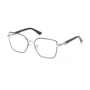 Rectangular metal eyeglasses with a gold-tone frame and black temple tips viewed at an angle.