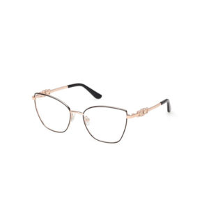 Rose gold metal eyeglasses with square lenses and black temple tips, aligned on white background.