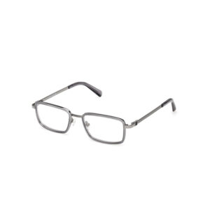 Metal rectangular eyeglasses with clear lenses and adjustable nose pads, angled to show the frame and temples.