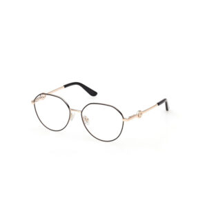 Round gold metal eyeglasses with black temple tips on a white background.