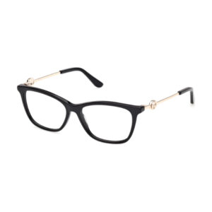 Black rectangular eyeglass frames with gold-tone temples on a white background.