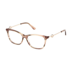 Brown tortoiseshell rectangular eyeglasses with slim beige metal temples on a white background.