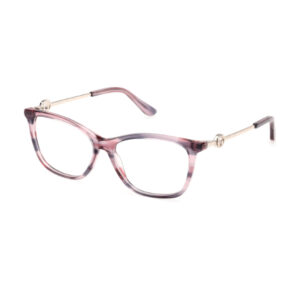 Pink translucent eyeglasses with metal gold-tone temples on a white background, cat-eye frame style.