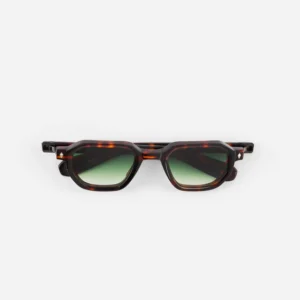 Tortoiseshell sunglasses with rectangular green lenses shown from the front on a white background.
