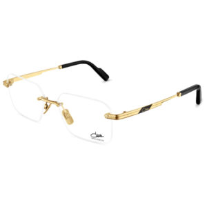 Rimless titanium eyeglasses with gold temples and black temple tips; Capal branding on the lens
