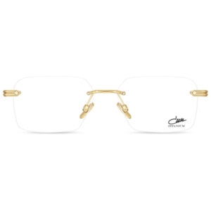 Rimless titanium eyeglasses with gold-tone bridge and temples; small logo visible on the lower right lens.