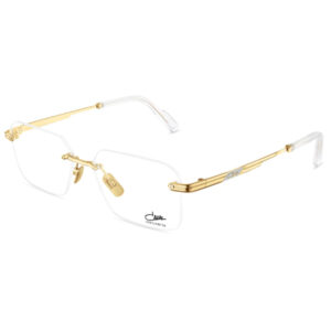 Rimless eyeglasses with gold-tone temples and clear lenses.