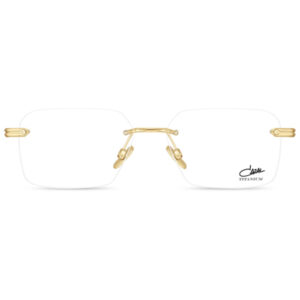 Rimless titanium eyeglasses with gold-tone bridge and temples, shown front-facing on a white background.