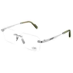 Eyeglasses with a thin titanium frame, clear lenses, adjustable nose pads, and olive-green temple tips.
