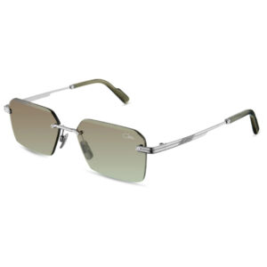 Square metal-frame sunglasses with brown-to-green gradient lenses in a product photo.