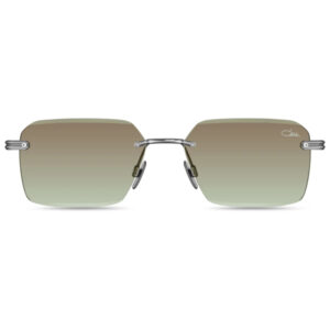 Square-lens sunglasses with brown-to-green gradient lenses, a slim silver nose bridge, and a small logo on the right lens.