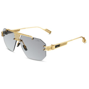 Gold-tone designer sunglasses with rectangular gray lenses and ornate lattice detailing on the frame.