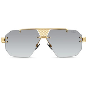 Gold-toned shield sunglasses with gradient gray lenses and textured nose bridge.
