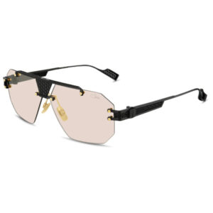 Black shield sunglasses with pale pink lenses, black frame, gold accents, and adjustable nose pads.