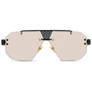 Shield-style sunglasses with oversized beige-tinted lenses, a black mesh bridge, and gold nose pads.