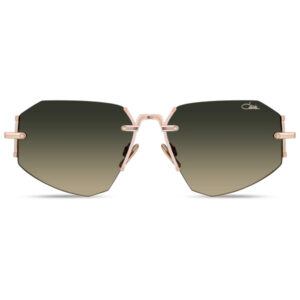 Sunglasses with large geometric gradient lenses and a rose-gold metal frame viewed head-on.