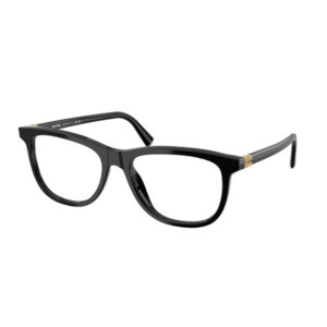 Black rectangular eyeglasses with gold accents on the temples,_left and right sides visible, isolated on white.