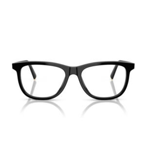 Black rectangular eyeglasses with thick plastic frame on a white background.