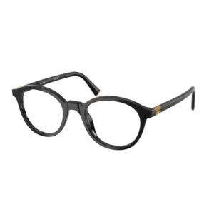 Black plastic eyeglasses with round lenses and gold accents on the temples.