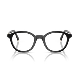 Black frame eyeglasses with rounded rectangular lenses, front view on a white background over a subtle reflection.