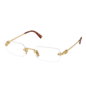 Gold-plated rimless rectangular glasses with tortoiseshell temple tips and adjustable nose pads.