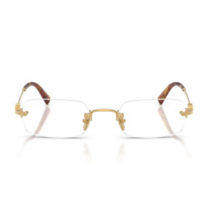 Gold-rimmed, rimless eyeglasses with tortoise shell temple tips and a gold bridge.
