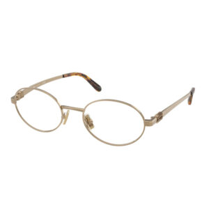 Gold metal oval eyeglasses with nose pads and tortoiseshell temple tips